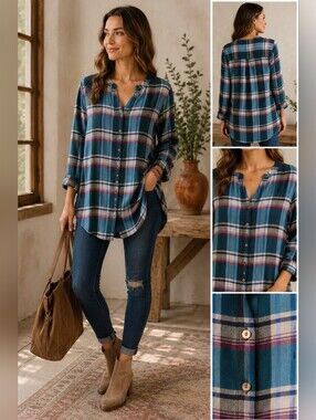 Akemi + Kin Anthropologie Plaid Tunic Blouse Medium Teal Blue Long Sleeve Boho